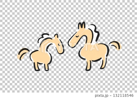 目を閉じて寄り添う二頭の馬の親子　2026 正月素材・墨絵 132118546