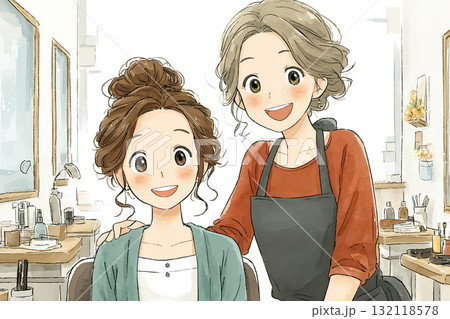 美優シリーズ:美容室スタッフが顧客に仕上がりを見せ笑顔で確認するシーン 美優シリーズ:美容室スタッフが顧客に仕上がりを見せ笑顔で確認するシーン 132118578