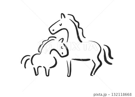 目を閉じて寄り添う二頭の馬の親子　2026 正月素材・墨絵 132118668