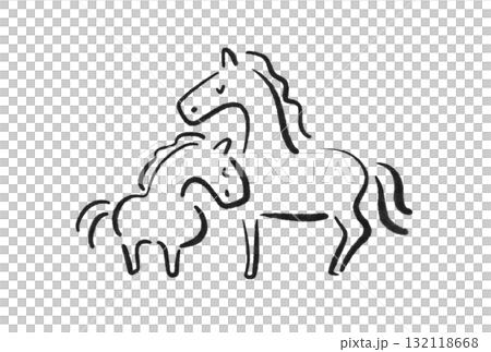 目を閉じて寄り添う二頭の馬の親子　2026 正月素材・墨絵 132118668