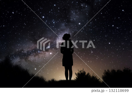 Dark woman silhouette in dark sky with stars background. Generative AI 132118699