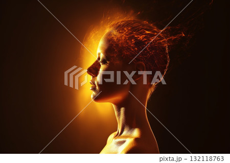 Woman silhouette suffering from sun magnetic storm. Generative AI 132118763