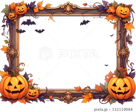 アンティーク額縁とジャックオーランタンのPNG背景透過のハロウィンフレーム 132119084