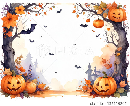 水彩風の不気味な木とカボチャが縁取る可愛いハロウィンフレーム 水彩風の不気味な木とカボチャが縁取る可愛いハロウィンフレーム 132119242