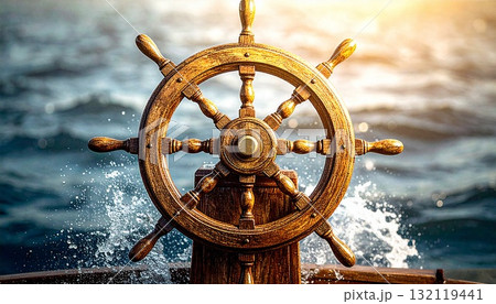 海原に輝く木製の舵　航海と挑戦の象徴 132119441