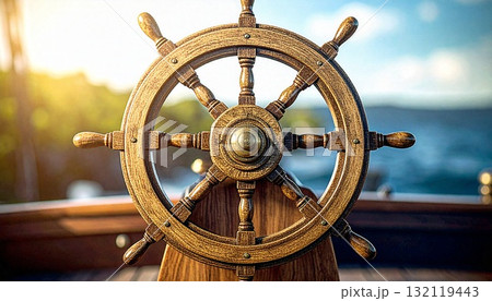 海原に輝く木製の舵　航海と挑戦の象徴 132119443