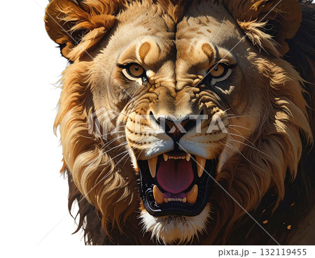 牙をむき出しにして咆哮する百獣の王ライオンの顔のPNG背景透過画像 132119455