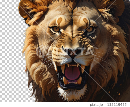 牙をむき出しにして咆哮する百獣の王ライオンの顔のPNG背景透過画像 132119455