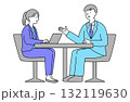 オフィスで打ち合わせをするスーツ姿の男女ビジネスパーソンのシンプルな線画ベクターイラスト 132119630