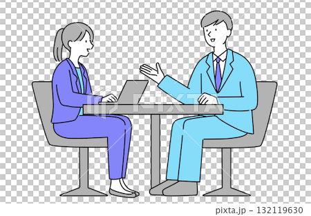 A simple line drawing vector illustration of male and female business people in suits having a meeting in the office A simple line drawing vector illustration of male and female business people in suits having a meeting in the office 132119630