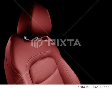 Car red leather interior. Part of red leather car seat details with white stitching. Interior of prestige car. Perforated leather seats isolated on black. Perforated leather. Car red leather interior. Part of red leather car seat details with white stitching. Interior of prestige car. Perforated leather seats isolated on black. Perforated leather. 132119667