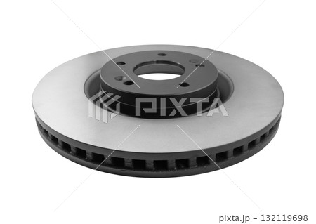 Car brake disc isolated on white background. Auto spare parts. Perforated brake disc rotor isolated on white. Braking ventilated discs. Quality spare parts for car service or maintenance Car brake disc isolated on white background. Auto spare parts. Perforated brake disc rotor isolated on white. Braking ventilated discs. Quality spare parts for car service or maintenance 132119698