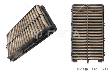 Used car cabin charcoal air filter texture background. Dirty carbon car air filter with dust pattern. Used car cabin charcoal air filter texture background. Dirty carbon car air filter with dust pattern. 132119714