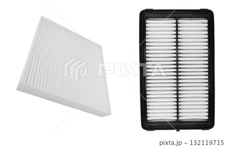 New car air filter element. Car cabin air filter texture background. Close-up air filter isolated. Quality spare parts for car service or maintenance New car air filter element. Car cabin air filter texture background. Close-up air filter isolated. Quality spare parts for car service or maintenance 132119715