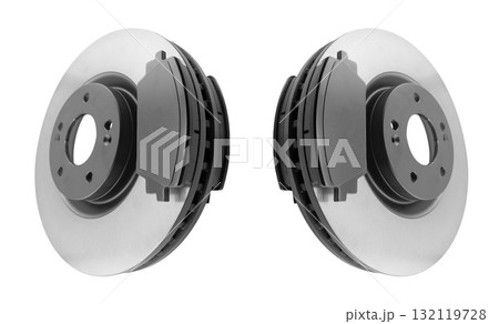 Brake discs and brake pads isolated on white background. Auto parts. Brake disc rotor isolated on white. Braking disk. Car part. Quality spare parts for car service or maintenance Brake discs and brake pads isolated on white background. Auto parts. Brake disc rotor isolated on white. Braking disk. Car part. Quality spare parts for car service or maintenance 132119728