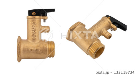 Bronze plumbing fitting for pipes isolated on white background. Brass water fitting adapter isolated. 132119734