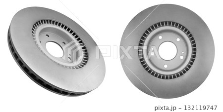 Car brake disc isolated on white background. Auto spare parts. Perforated brake disc rotor isolated on white. Braking ventilated discs. Quality spare parts for car service or maintenance 132119747