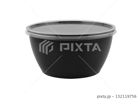 Disposable black plastic lunch box container isolated on white background. Plastic container isolated. Single-use plastic packaging 132119756