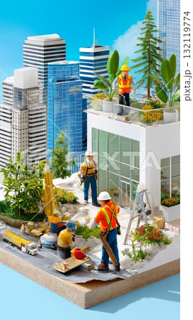 Miniature modern green building diorama with construction workers and eco-friendly landscaping Miniature modern green building diorama with construction workers and eco-friendly landscaping 132119774