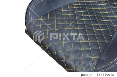Modern luxury car blue leather interior. Part of blue leather car seat details with yellow stitching. Interior of prestige car. Perforated leather seats isolated. Perforated leather. Modern luxury car blue leather interior. Part of blue leather car seat details with yellow stitching. Interior of prestige car. Perforated leather seats isolated. Perforated leather. 132119918