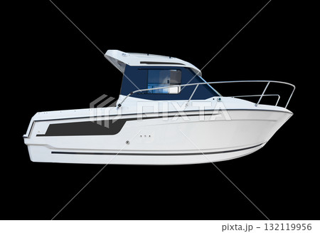 White fishing motor boat isolated on black background. Side view modern fishing boat isolated over black 132119956