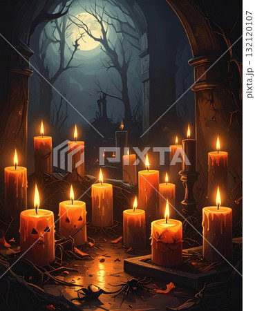 暗闇の中に不気味な光を灯すハロウィンの蝋燭群と月明かりに浮かび上がる古城 暗闇の中に不気味な光を灯すハロウィンの蝋燭群と月明かりに浮かび上がる古城 132120107
