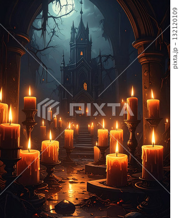 暗闇の中に不気味な光を灯すハロウィンの蝋燭群と月明かりに浮かび上がる古城 132120109