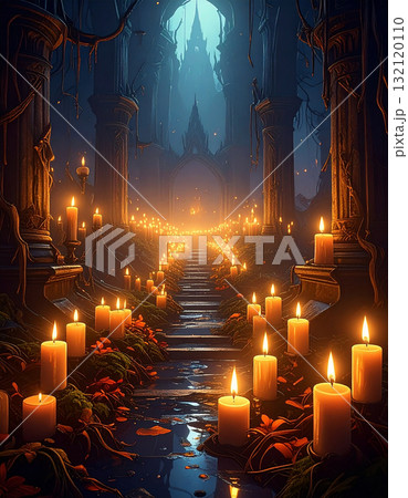 暗闇の中に不気味な光を灯すハロウィンの蝋燭群と月明かりに浮かび上がる古城 132120110