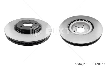 Car brake disc isolated on white background. Auto spare parts. Perforated brake disc rotor isolated on white. Braking ventilated discs. Quality spare parts for car service or maintenance Car brake disc isolated on white background. Auto spare parts. Perforated brake disc rotor isolated on white. Braking ventilated discs. Quality spare parts for car service or maintenance 132120143