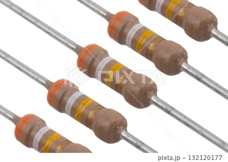 Electronic resistors texture isolated on white background. Carbon film resistors isolated. Macro shot various electronic components 132120177