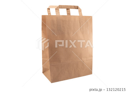 Side yellow empty blank disposable paper fast food tray isolated on white background. Paper bag isolated. Paper package Side yellow empty blank disposable paper fast food tray isolated on white background. Paper bag isolated. Paper package 132120215