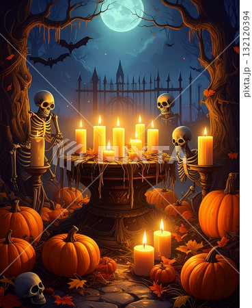 不気味な闇夜の満月に浮かび上がる古城と蝋燭の光が照らすカボチャのハロウィンの夜 132120394