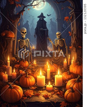 不気味な闇夜の満月に浮かび上がる古城と蝋燭の光が照らすカボチャのハロウィンの夜 132120395