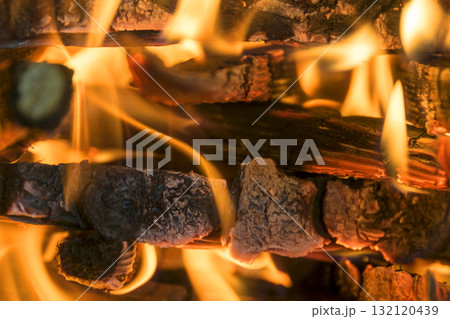 Burning firewood in the fireplace close up, BBQ fire burning 132120439