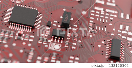 Circuit board with resistors microchips and electronic components background. Computer hardware technology. Integrated communication processor. Circuit board with resistors microchips and electronic components background. Computer hardware technology. Integrated communication processor. 132120502