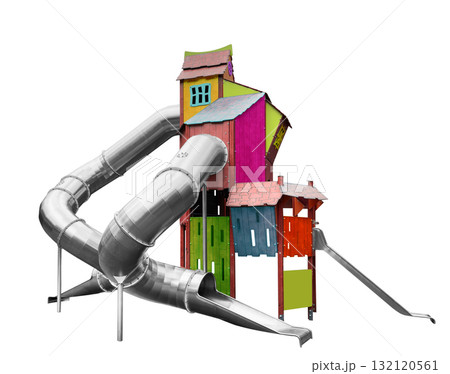 Playground for children in the yard isolated on white background. Children's slide. Colorful children playground isolated. Playground equipment for children 132120561