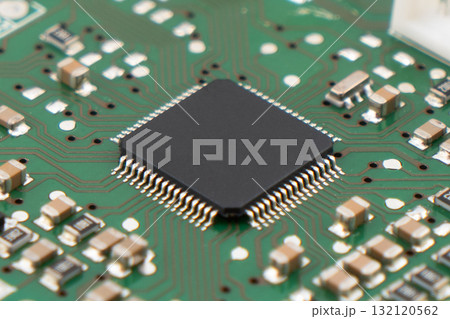 Circuit board with resistors microchips and electronic components background. Computer hardware technology. Integrated communication processor. 132120562