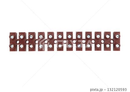 Electric wire connectors terminal strip block isolated on white background. Set of white plastic electrical terminal Electric wire connectors terminal strip block isolated on white background. Set of white plastic electrical terminal 132120593