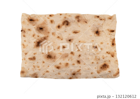 Thin pita bread isolated on white background. Armenian pita bread unleavened flat bread. Top view. Lavash as a textured bread background. Thin pita bread isolated on white background. Armenian pita bread unleavened flat bread. Top view. Lavash as a textured bread background. 132120612