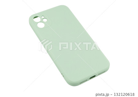 Mobile phone case isolated on white background. Smart phone case isolated. Blue silicone case for smartphone or phone with cutouts for the camera. 132120618