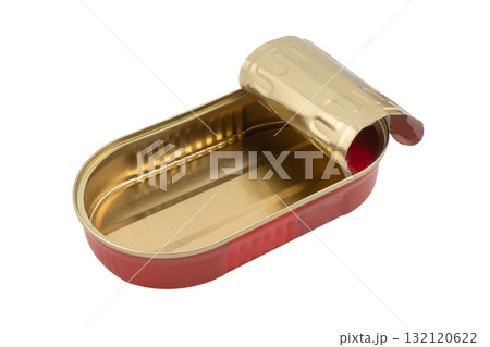 Empty opened aluminium can isolated on white background. Aluminium can background. Aluminium beverage cans. Drink  or food can. Metal containers for packaging 132120622