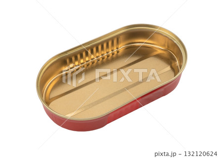 Empty opened aluminium can isolated on white background. Aluminium can background. Aluminium beverage cans. Drink  or food can. Metal containers for packaging 132120624