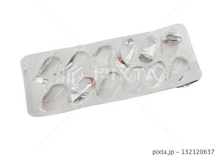 Empty pills of blister pack isolated on white background. Empty silver blister. Used blister pill. Empty blister pack from drugs. Empty pills of blister pack isolated on white background. Empty silver blister. Used blister pill. Empty blister pack from drugs. 132120637