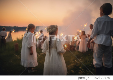 Saint John's Festival (Jonines, Saint John's Day, Ivana kupala) midsummer pagan folk festival illustration. Generative AI 132120720