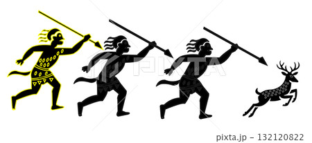 tribal hunting ritual captured in stylized prehistoric motion showing three humans chasing a leaping deer with spears 132120822