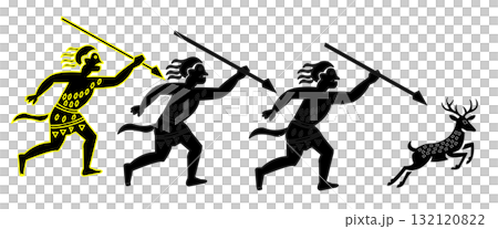 tribal hunting ritual captured in stylized prehistoric motion showing three humans chasing a leaping deer with spears 132120822