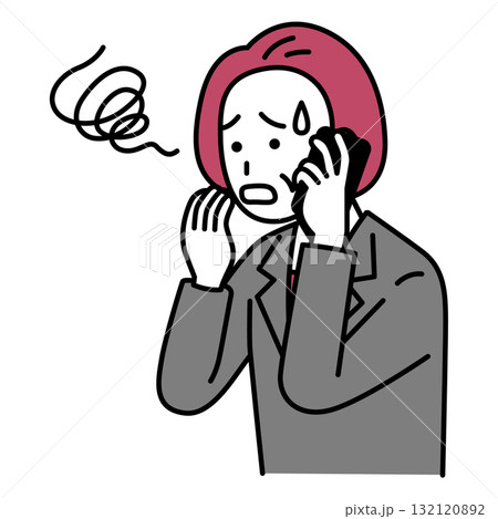 スマートフォンでの通話で困惑する中年のスーツの女性 スマートフォンでの通話で困惑する中年のスーツの女性 132120892