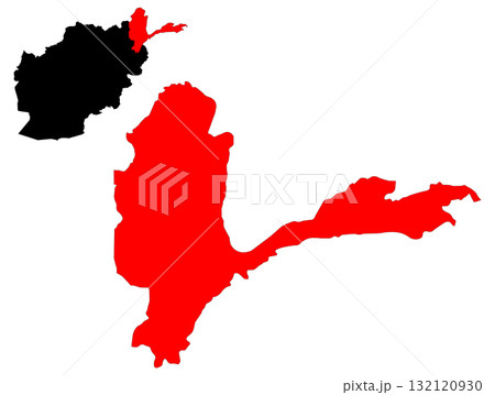 Black Afghanistan map vector showing provinces with highlighted Badakhshan and Wakhan Corridor region 132120930