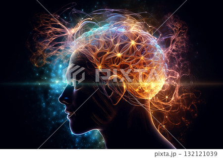 Woman portrait dark silhouette and consciousness represents colorful universe and space. Generative AI 132121039