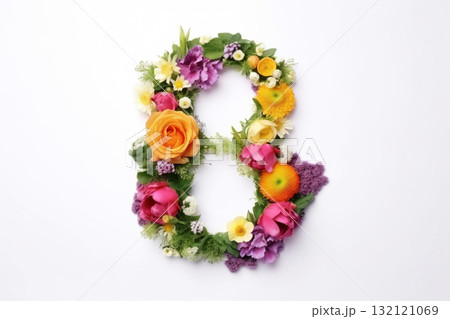 Number 8 creative made of colorful flowers blossoms on white background. Generative AI 132121069